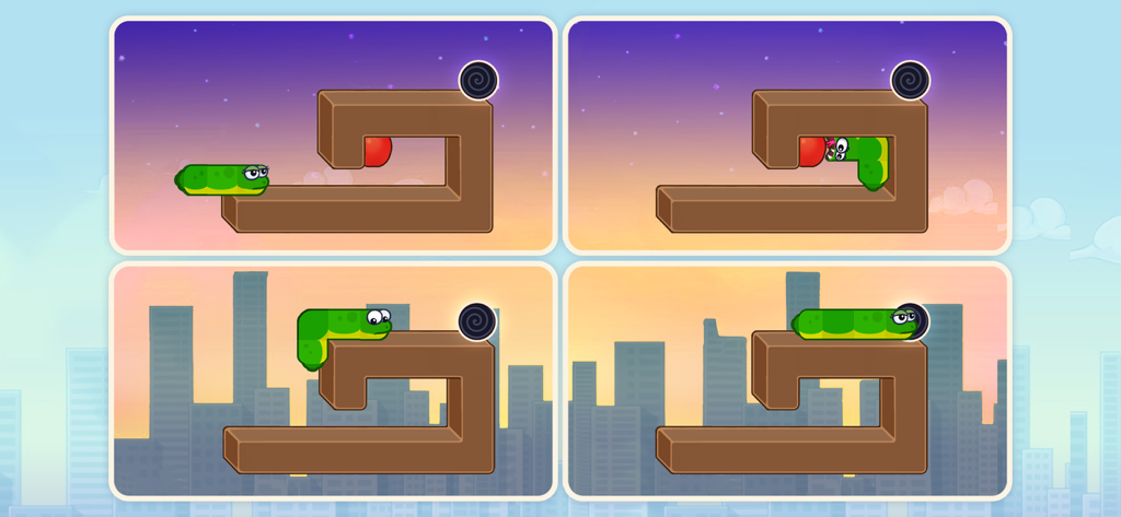 Snake Puzzle: Slither to Eat! - A four-step sequence showing a green snake eating an apple to grow and reach a portal in a logic puzzle game.