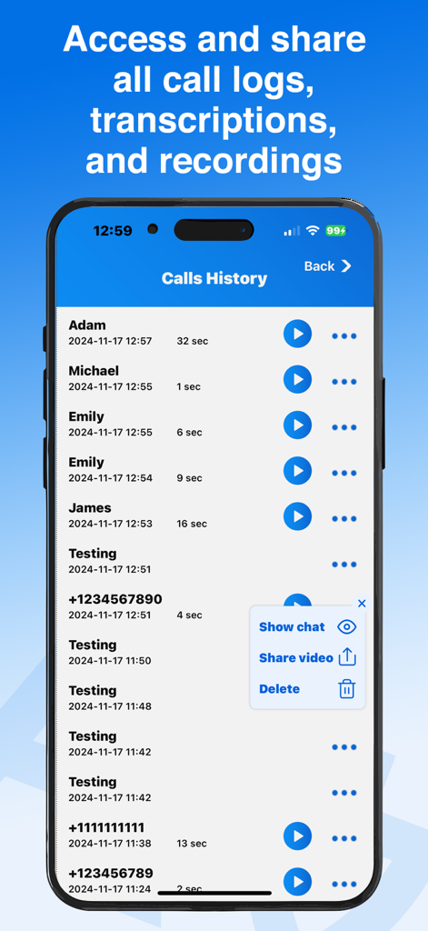 Babel app screen displaying call history logs with options to play recordings and share transcripts.
