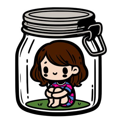 a small girl sitting in a glass jar closed