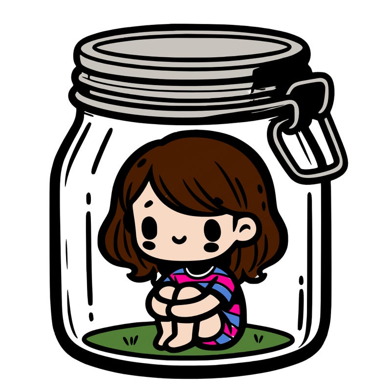 a small girl sitting in a glass jar closed