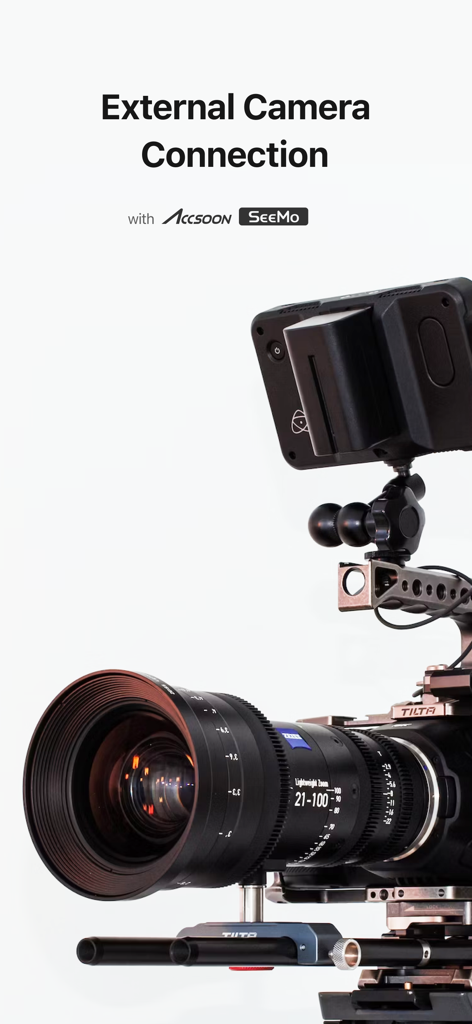 CameraFi Live - Accsoon SeeMoを使用したCameraFi Liveの外部カメラ接続を示すプロフェッショナルカメラセットアップ。