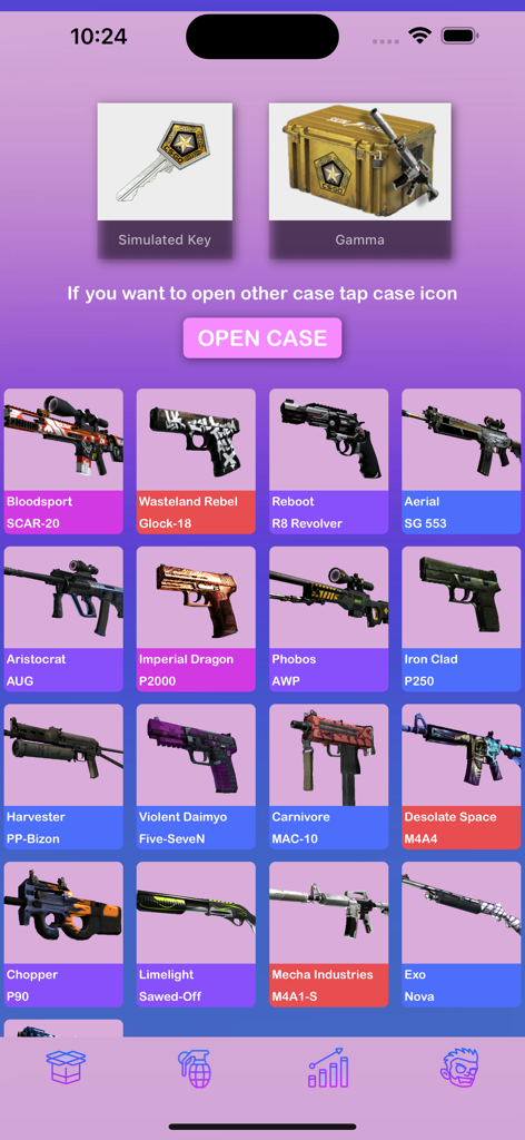 Case Simulator 3 menu screen with Gamma case and weapon skins inventory