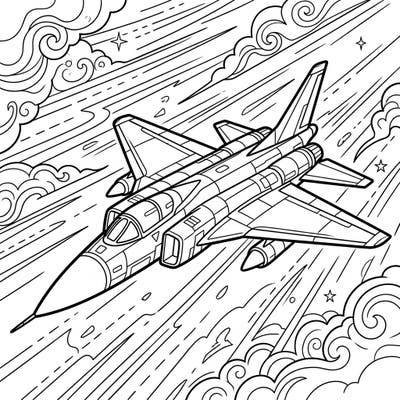 Unleash your creativity with this high-speed supersonic jet coloring page, designed for teens who love aviation and dynamic art. Explore the intricate details of a powerful aircraft as it soars through stylized clouds and speed lines.