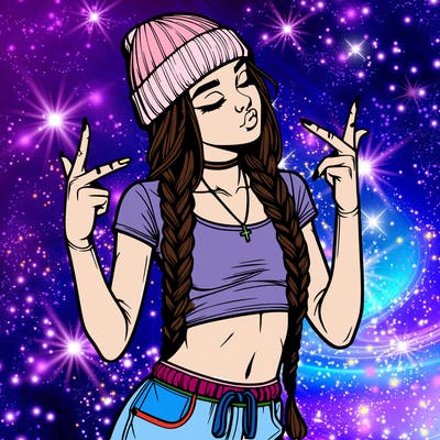 realistic teenage girl with braids and a beanie and crop top doing 🫶🏼