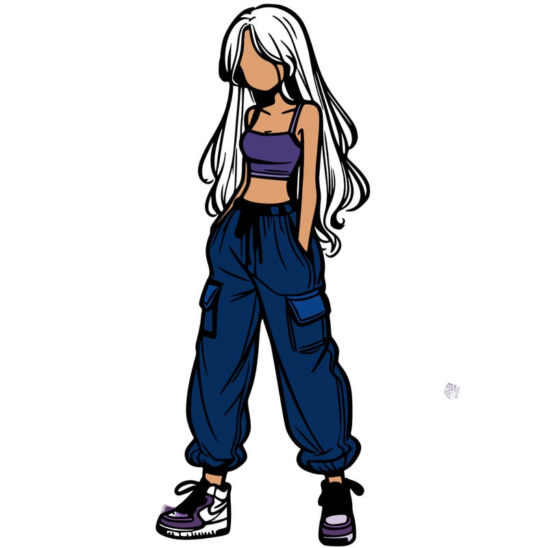 girl in baggy pants crop top and long hair