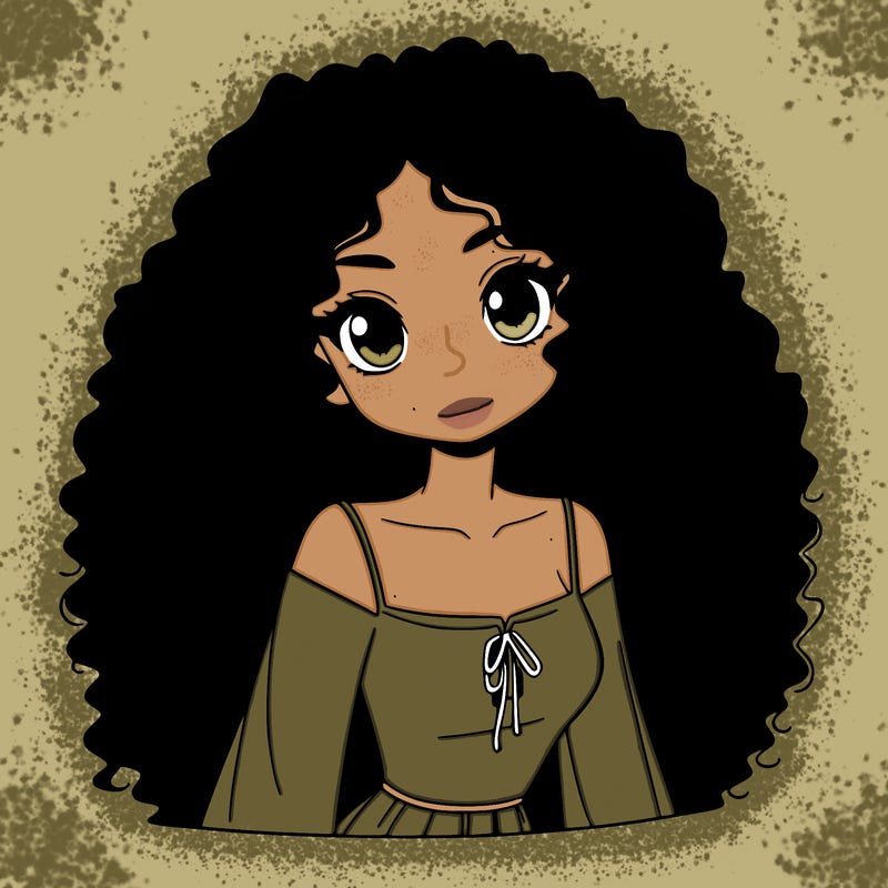 a black anime girl with long afro hair