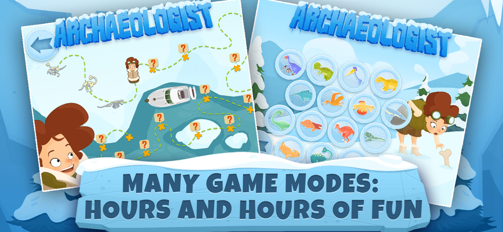 Dinosaur Coloring Game Ice Age - Screenshot del gioco di colorazione dei dinosauri che mostrano la mappa di esplorazione dell'archeologo e la raccolta di icone di dinosauri