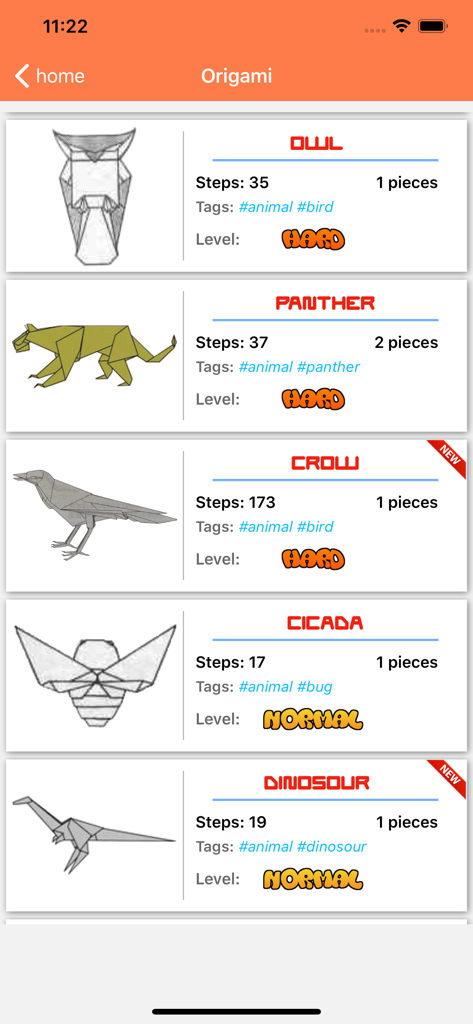 Una lista de plantillas de origami de animales en la app mostrando niveles de dificultad y número de pasos para cada modelo