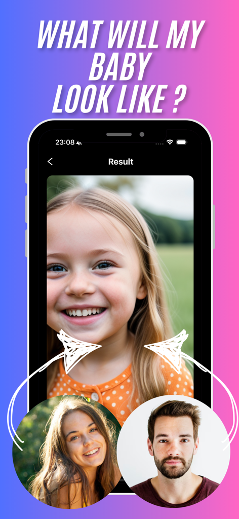 AI Future Baby Generator - Pro - Aplicativo AI Future Baby Generator Pro mostrando o resultado de um filho previsto a partir de fotos dos pais