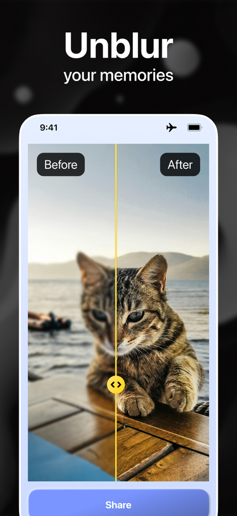 Comparison between blurry and sharpened cat photo using UScale app