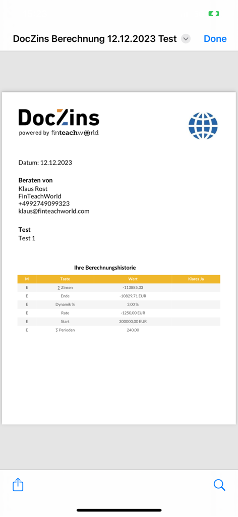 A professional financial report from the DOCZINS app showing a detailed calculation history with values for interest, rates, and periods.