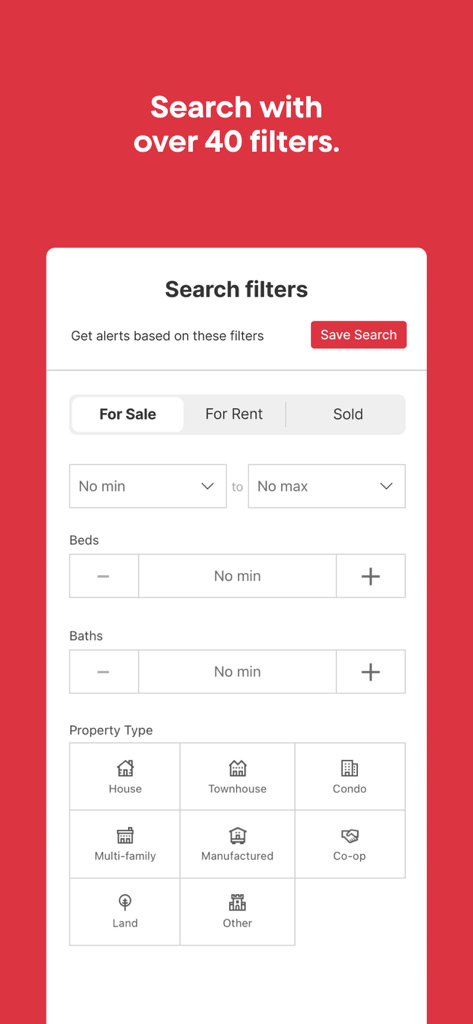 Redfin app interface showing real estate search filters for property type beds and price range