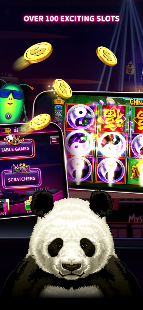 Interfaz de la aplicación Mystic Slots que muestra más de 100 emocionantes tragamonedas y juegos de mesa con mascotas de panda y alienígenas