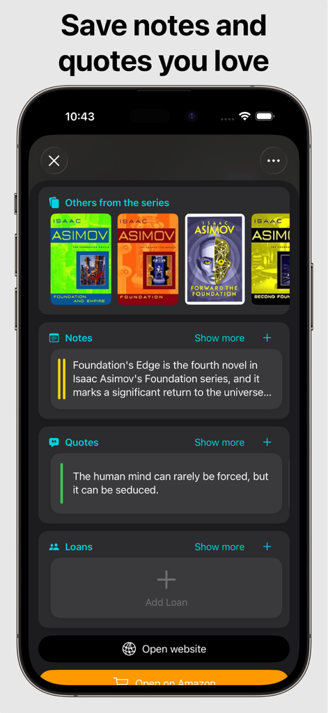 Book Tracker: Bookshelf log - A mobile interface of Book Tracker displaying book notes, saved quotes, and other books in a series