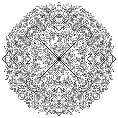 Discover the enchanting blend of mystical unicorns and natural beauty with this intricate Earth Unicorn Mandala. This symmetrical design is rich with details like leaves, roots, and crystals, offering a calming and creative coloring experience.