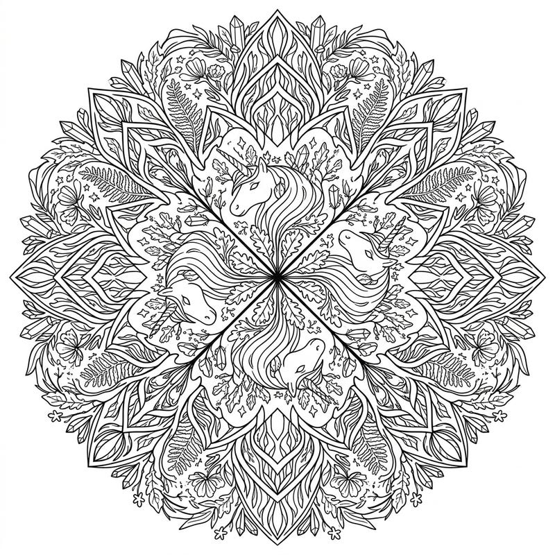 Discover the enchanting blend of mystical unicorns and natural beauty with this intricate Earth Unicorn Mandala. This symmetrical design is rich with details like leaves, roots, and crystals, offering a calming and creative coloring experience.