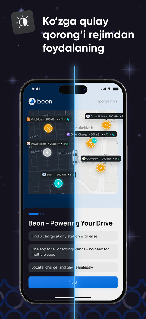 Beon - Comparação dos temas de modo escuro e claro no aplicativo Beon mostrando um mapa de estações de carregamento de VEs.