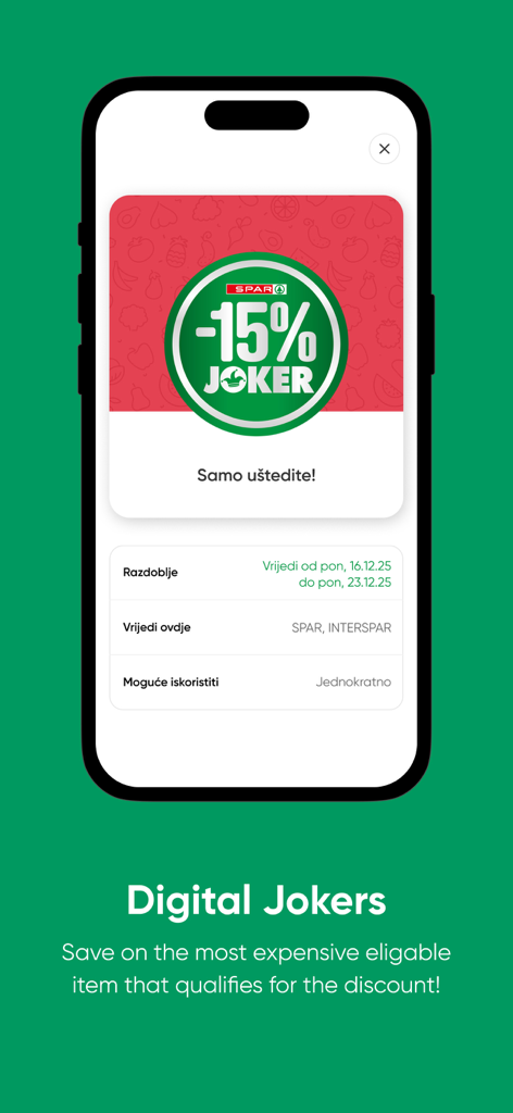 SPAR Croatia - Smartphone-Anzeige mit einem digitalen Joker-Rabatt von 15 Prozent in der SPAR Kroatien App