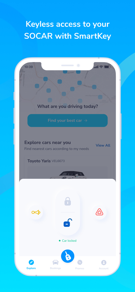 SOCAR Malaysia - SOCAR Malaysia app interface showing the SmartKey feature for keyless car access and controls.
