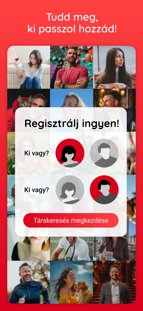 Randivonal ungarische Dating-App Registrierungsbildschirm mit Profilfotos von Mitgliedern