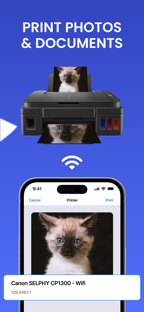 iPrint Scan Smart Printer App - Pantalla de aplicación de smartphone mostrando impresión inalámbrica de fotos y documentos a una impresora
