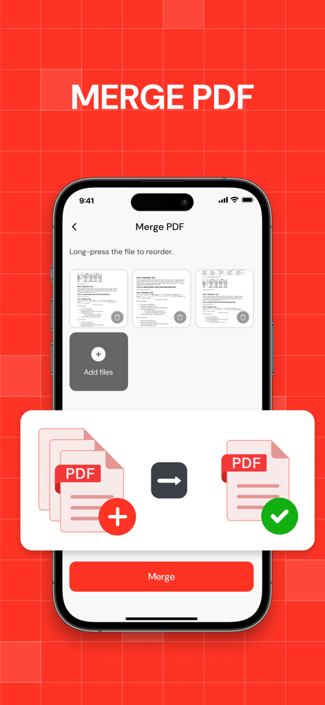 Pantalla de iPhone mostrando cómo fusionar múltiples archivos PDF en un solo documento.