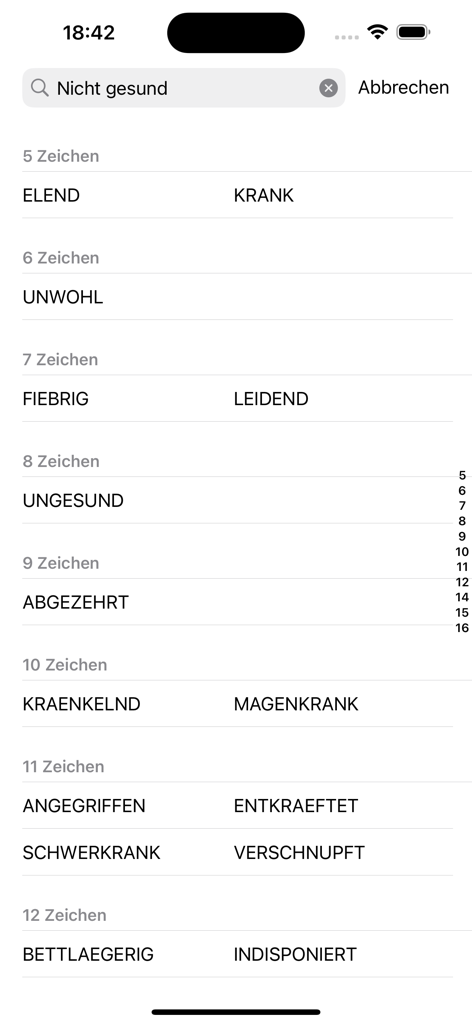 Kreuzwort Rätsel Lexikon - Ein Suchergebnisse-Bildschirm in der Kreuzwort Rätsel Lexikon-App, der deutsche Kreuzworträtsel-Antwortvorschläge nach Wortlänge anzeigt.