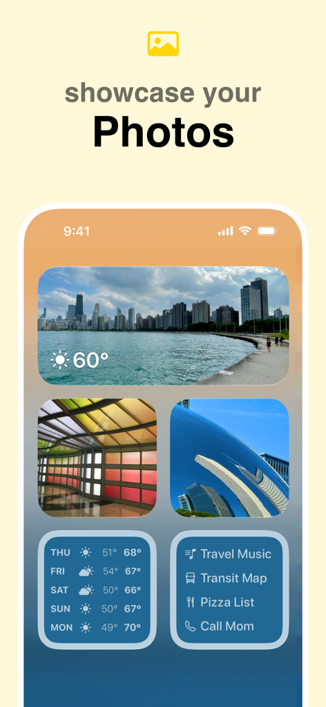 An iPhone home screen customized with Widgetsmith photo and weather widgets.