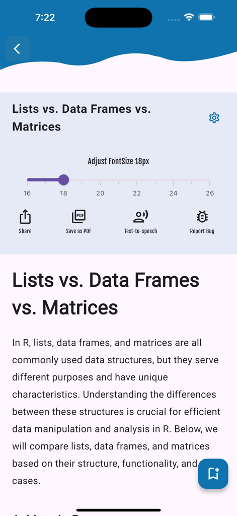 Learn R Programming [PRO] - A tutorial page in the Learn R Programming PRO app discussing the differences between lists, data frames, and matrices with accessibility and export tools.