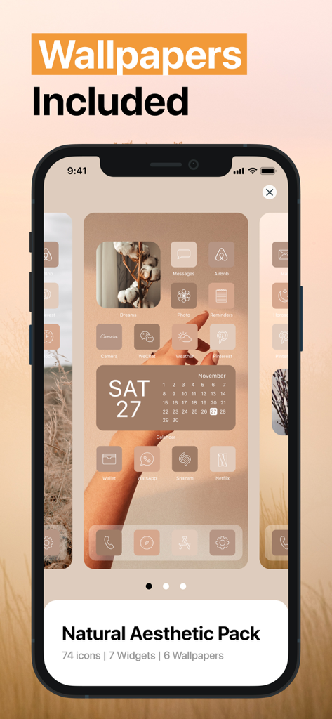 App ICON Changer - Theme Maker - アースカラーのカスタムアイコンとウィジェットを備えたナチュラル・アエティック・パックを展示するスマートフォン画面