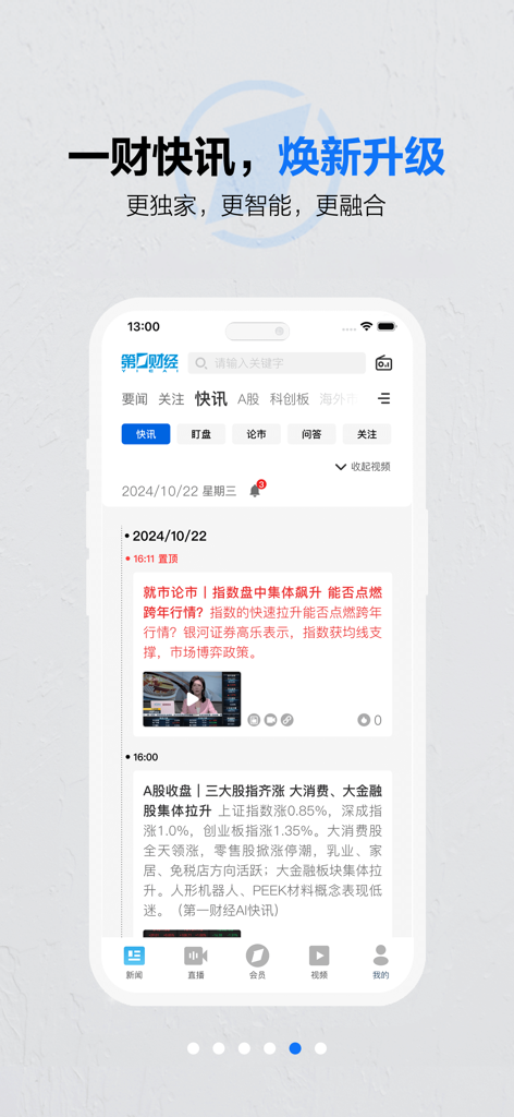 第一财经-热门财经新闻直播平台 - Interfaccia dell'app di notizie finanziarie Yicai che mostra aggiornamenti di mercato in tempo reale e feed di flash news.