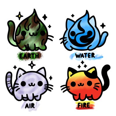 4 cats that represent the different elements, earth, water, air, and fire