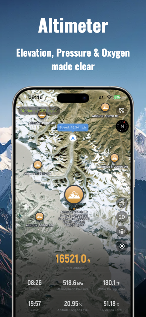 Compass: GPS & Altimeter - Altimeter screen displaying elevation atmospheric pressure and oxygen levels on a satellite map