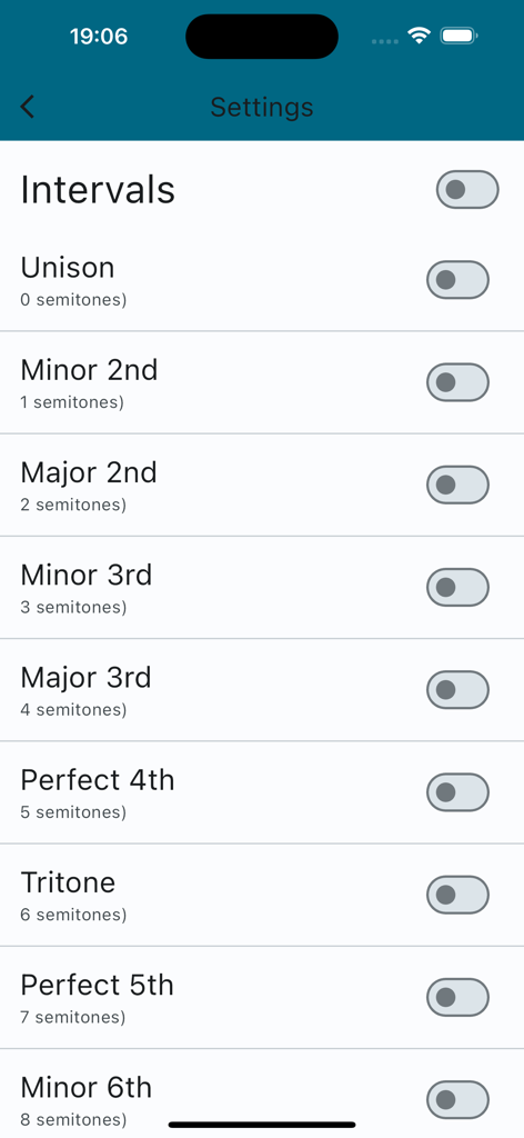 Pitch Ninja - Settings screen in Pitch Ninja showing a list of musical intervals with toggle switches for selection