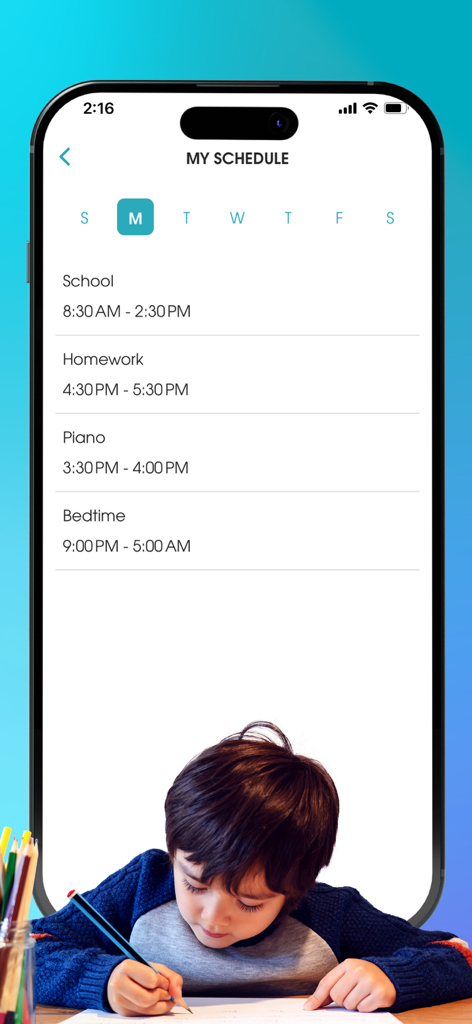 OurPact Jr. - OurPact Jr app interface displaying a childs daily activity schedule and screen time limits