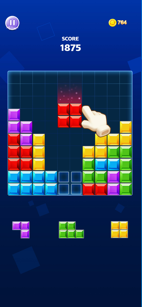 Block Puz - Block Blast Puzzle - Interfaz del juego móvil Block Puz que muestra una colorida cuadrícula de rompecabezas de bloques y puntuación