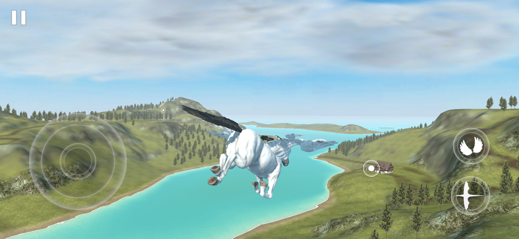 Flying Unicorn Simulator 2024 - A white winged unicorn flying over a river in a scenic 3D landscape
