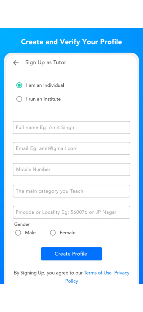 UrbanPro for Tutors - Tutor sign up and profile creation form in the UrbanPro app.