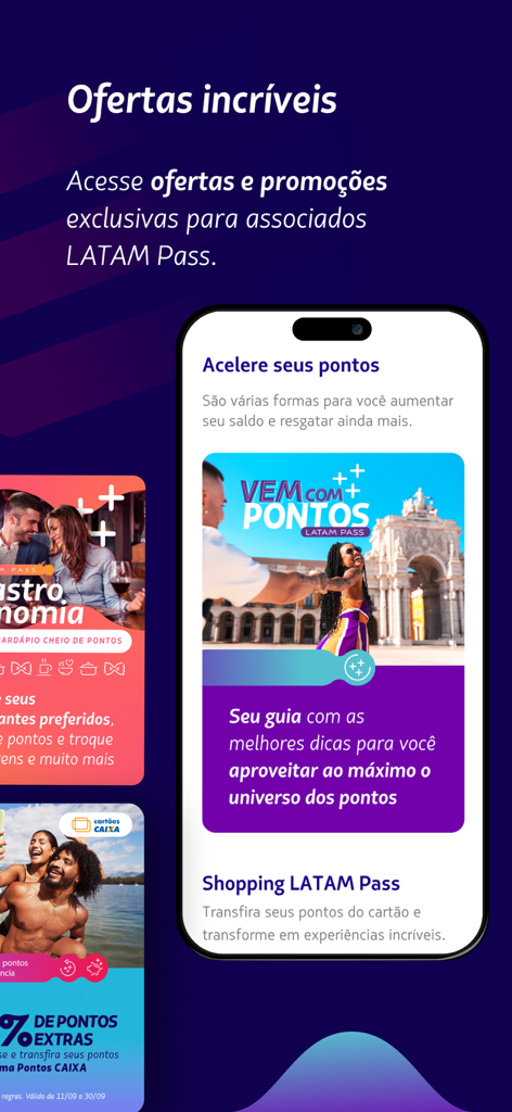 LATAM Pass - Mobile interface of LATAM Pass app highlighting exclusive travel offers and points tips