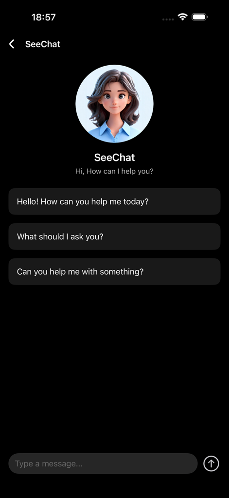 Seekee AI ChatBot - La pantalla de chat principal de Seekee AI ChatBot con un avatar de personaje femenino y sugerencias de conversación en una interfaz oscura.