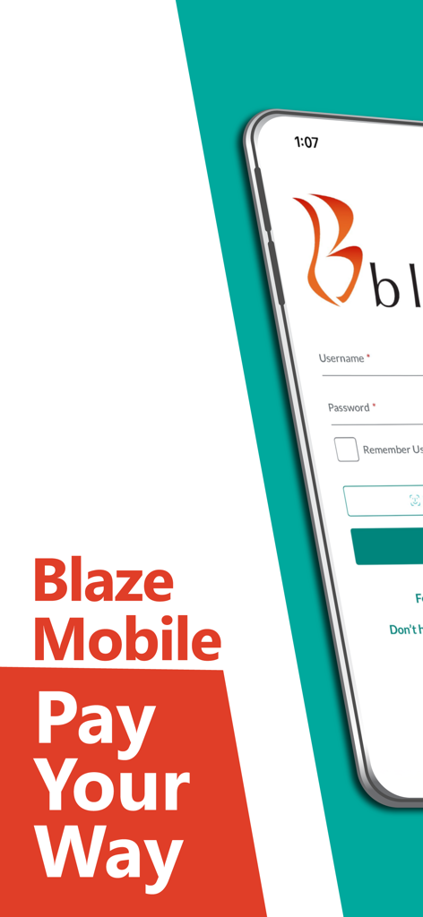 Blaze Mastercard Mobile - Login screen of the Blaze Mastercard Mobile app with the slogan Pay Your Way