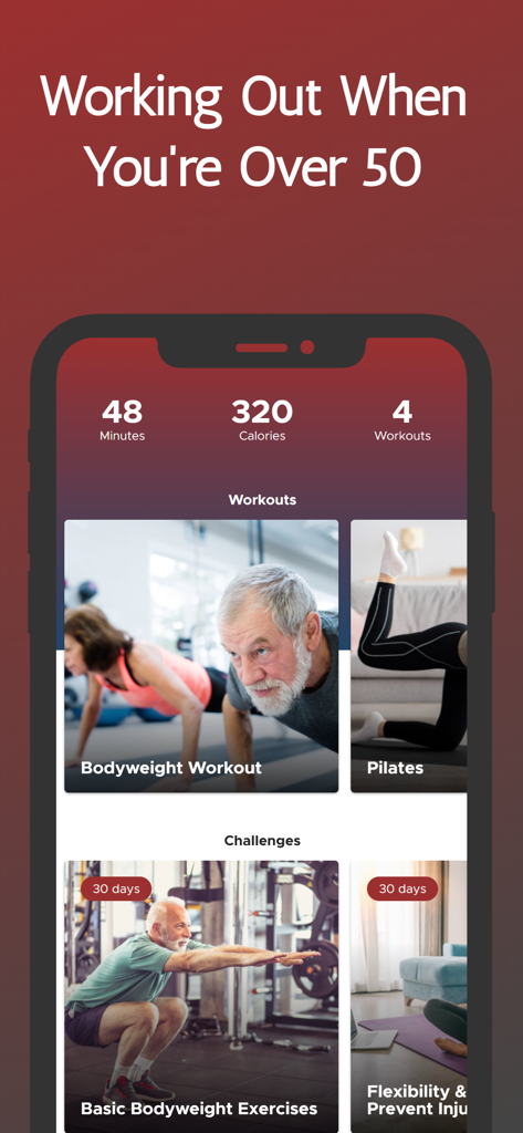 Interfaz de una aplicación móvil de fitness para personas mayores con ejercicios de peso corporal y pilates