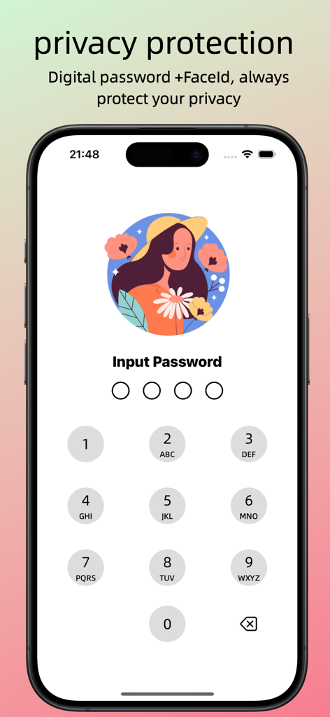 YunYu 앱 개인 정보 보호 화면으로 디지털 암호 및 Face ID 잠금 기능을 보여줍니다.