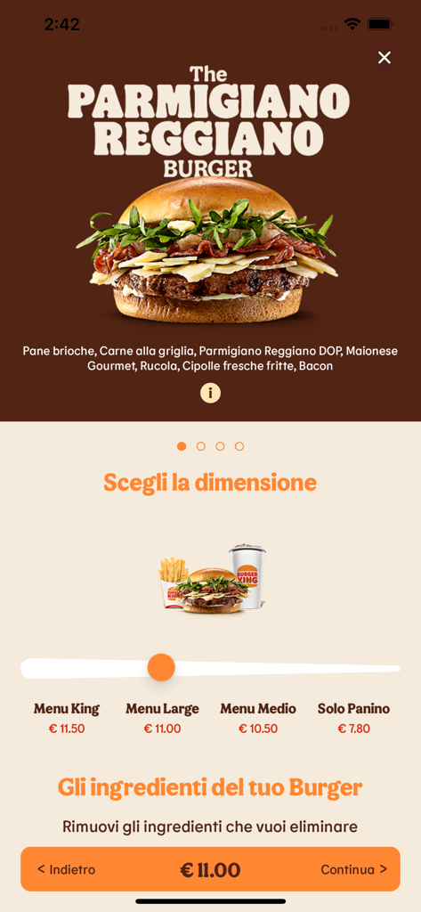 Burger King Italia - Interface of the Burger King Italia app for customizing the Parmigiano Reggiano burger and selecting menu size