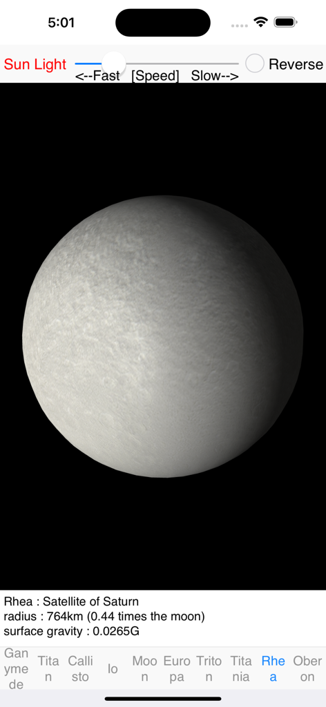 Satellite Rotation - 3D model of Rhea satellite of Saturn with astronomical data and rotation controls