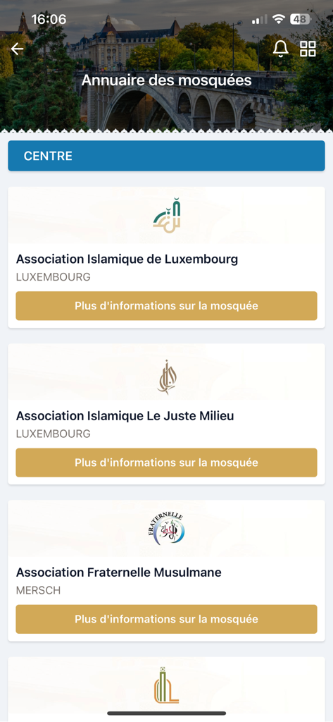 myShoura - A directory screen in the myShoura app listing Islamic associations and mosques in Luxembourg