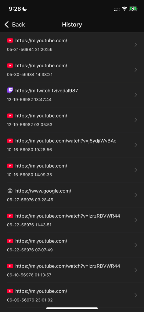 Video Tube：Video&Music Player - Interfaz de la aplicación que muestra una lista cronológica de sitios web visitados, incluidos YouTube y Twitch
