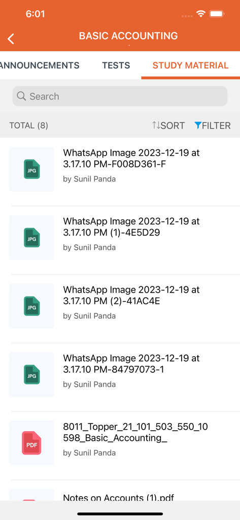SPCC by Sunil sir - SPCC mobile app interface displaying a list of study materials for basic accounting including PDF and image files.
