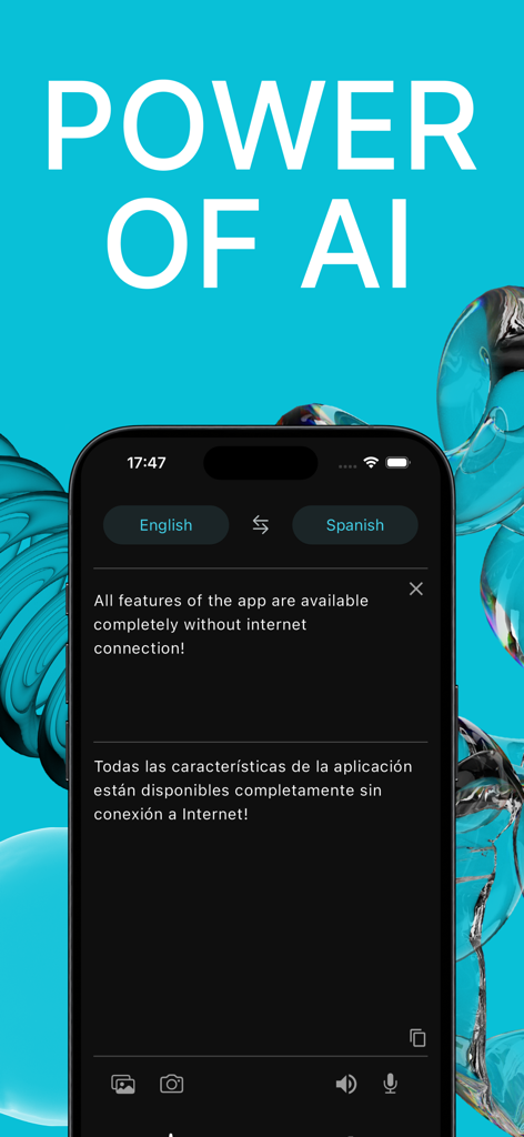 Offline Translator: Phrasify - Interfaz de la aplicación Phrasify que muestra una traducción de IA sin conexión de inglés a español en un iPhone.