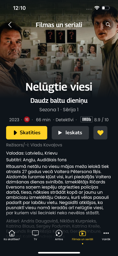 Tet TV app interface displaying movie details for a Latvian series